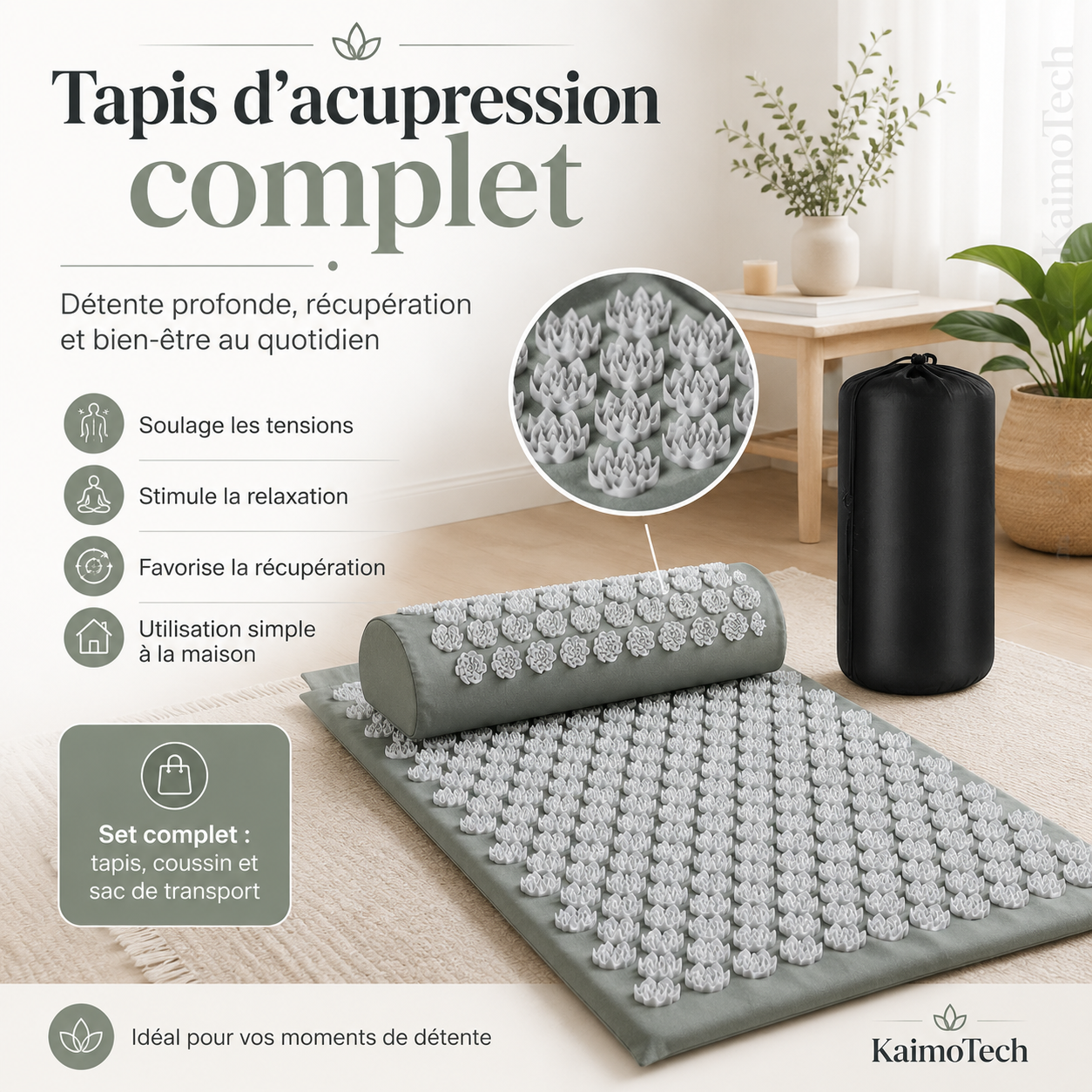 Tapis d’acupression complet KaimoTech avec coussin ergonomique et sac de transport, conçu pour favoriser la relaxation, soulager les tensions et offrir un moment de détente à domicile.