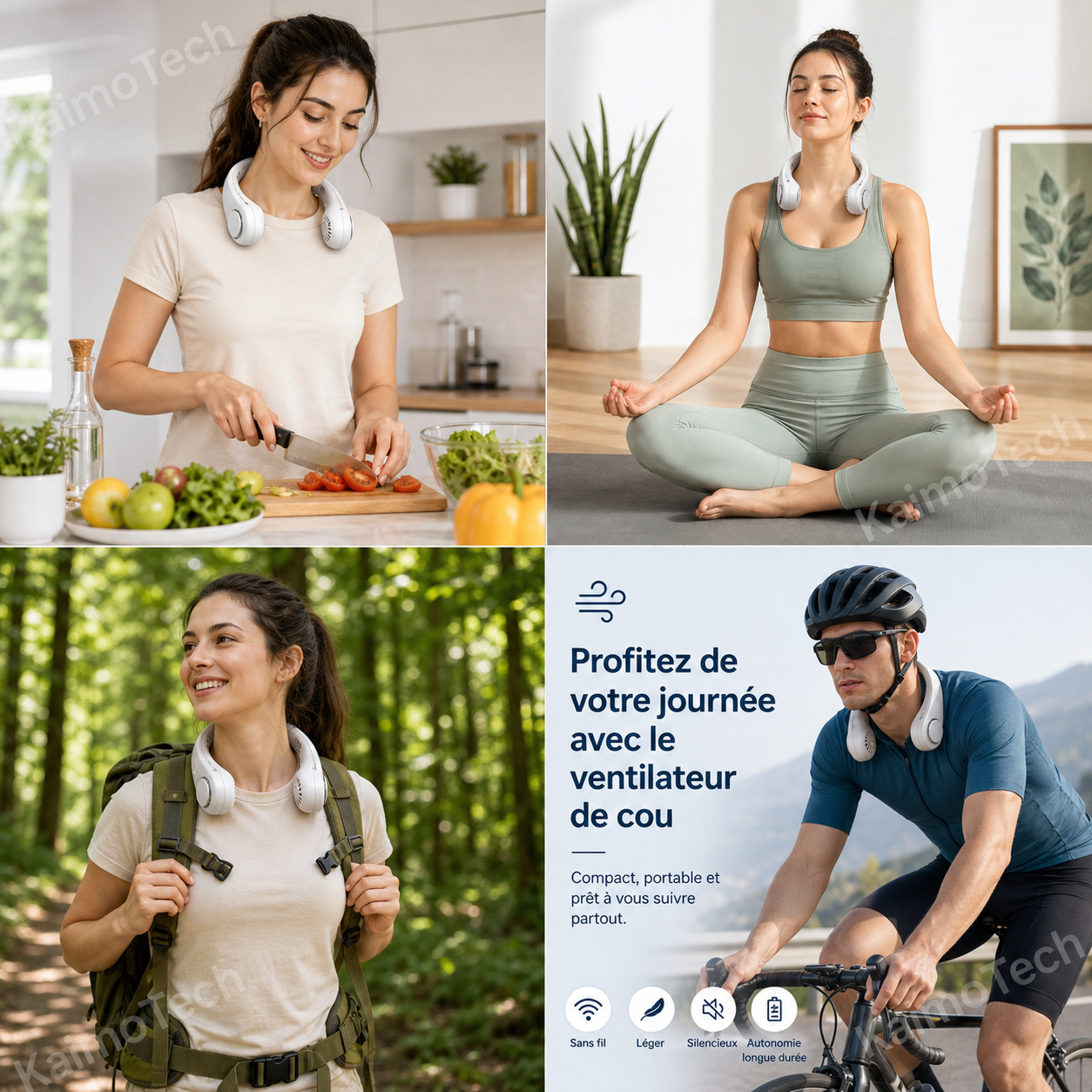Ventilateur de cou portable distribué par KaimoTech, conçu pour accompagner les activités du quotidien comme la cuisine, le yoga, la randonnée et le vélo, avec un format léger, silencieux et mains libres.