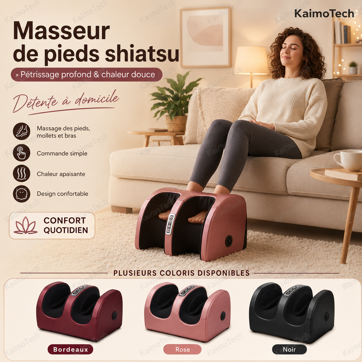 Masseur de pieds shiatsu KaimoTech rose utilisé à domicile dans un salon confortable, avec pétrissage profond, chaleur douce, commande simple et design confortable. Image présentant les coloris disponibles : bordeaux, rose et noir.