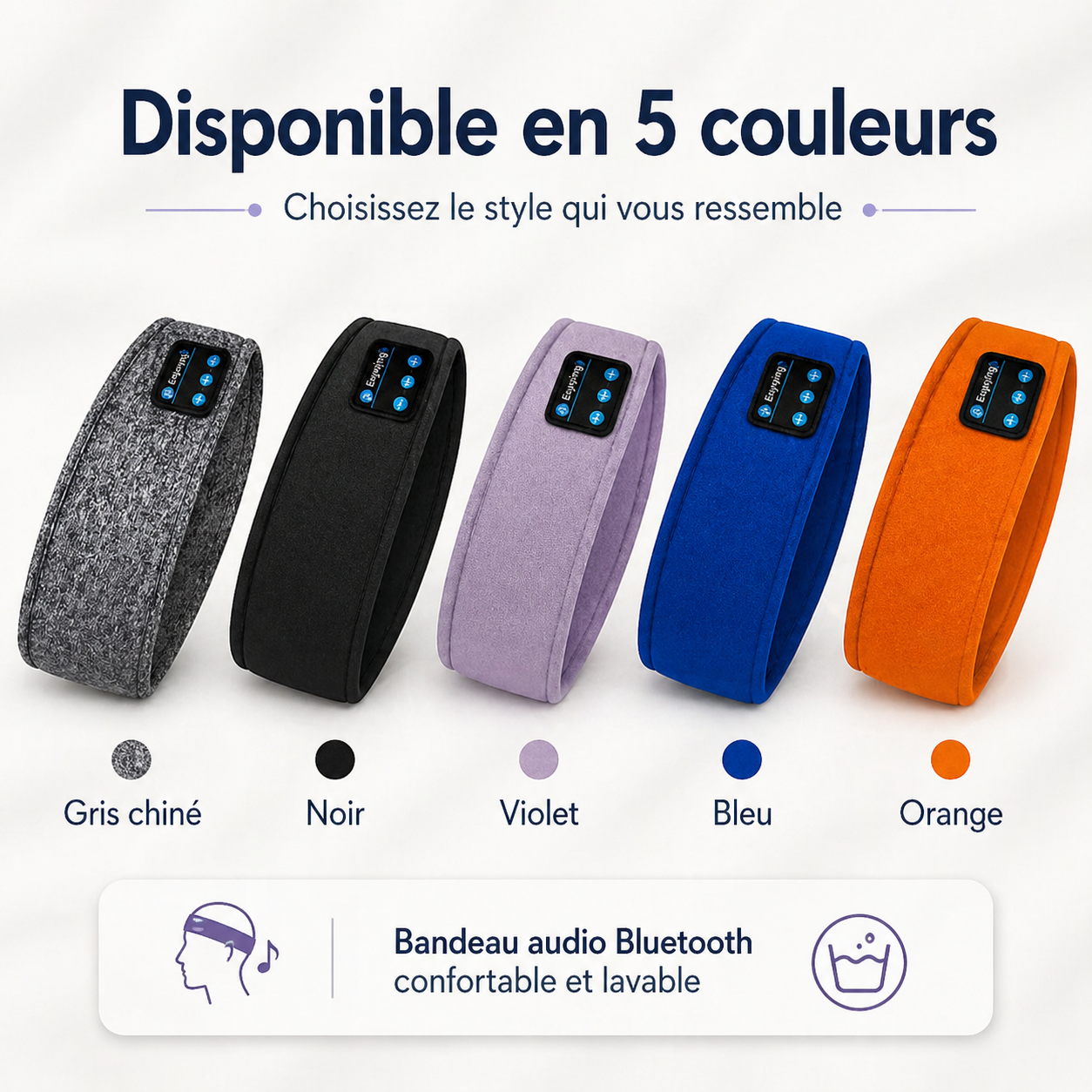 Bandeau sommeil Bluetooth disponible en 5 couleurs - noir, gris, bleu, orange, violet