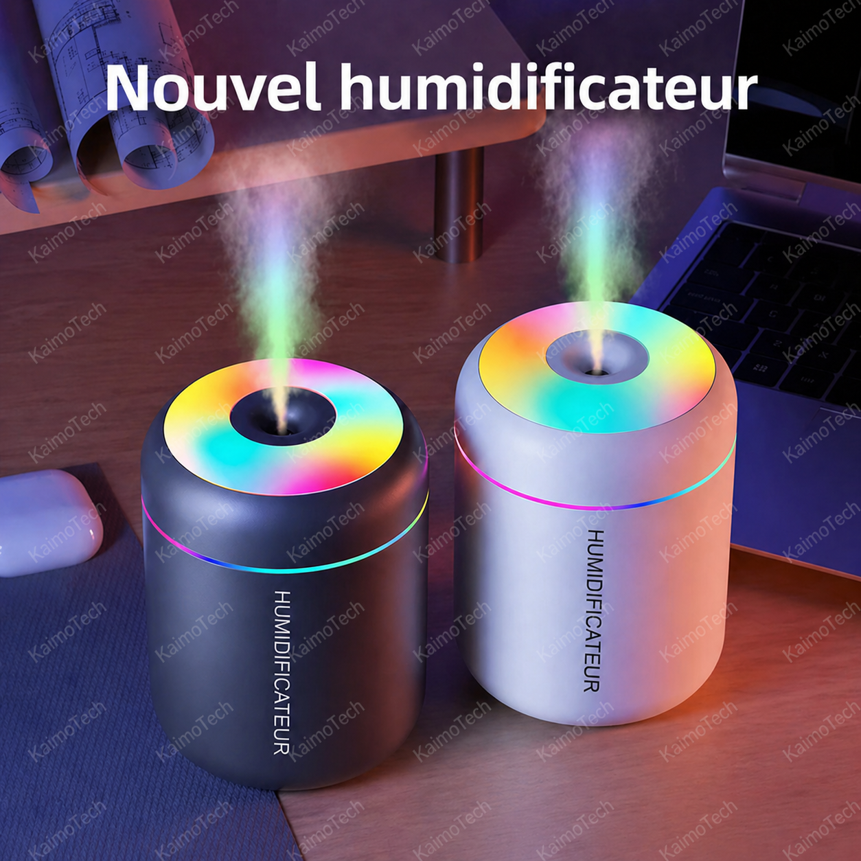 Mini humidificateur de bureau distribué par KaimoTech avec brume fine, éclairage LED coloré et format compact, disponible en noir et blanc pour créer une ambiance agréable à la maison ou au bureau.