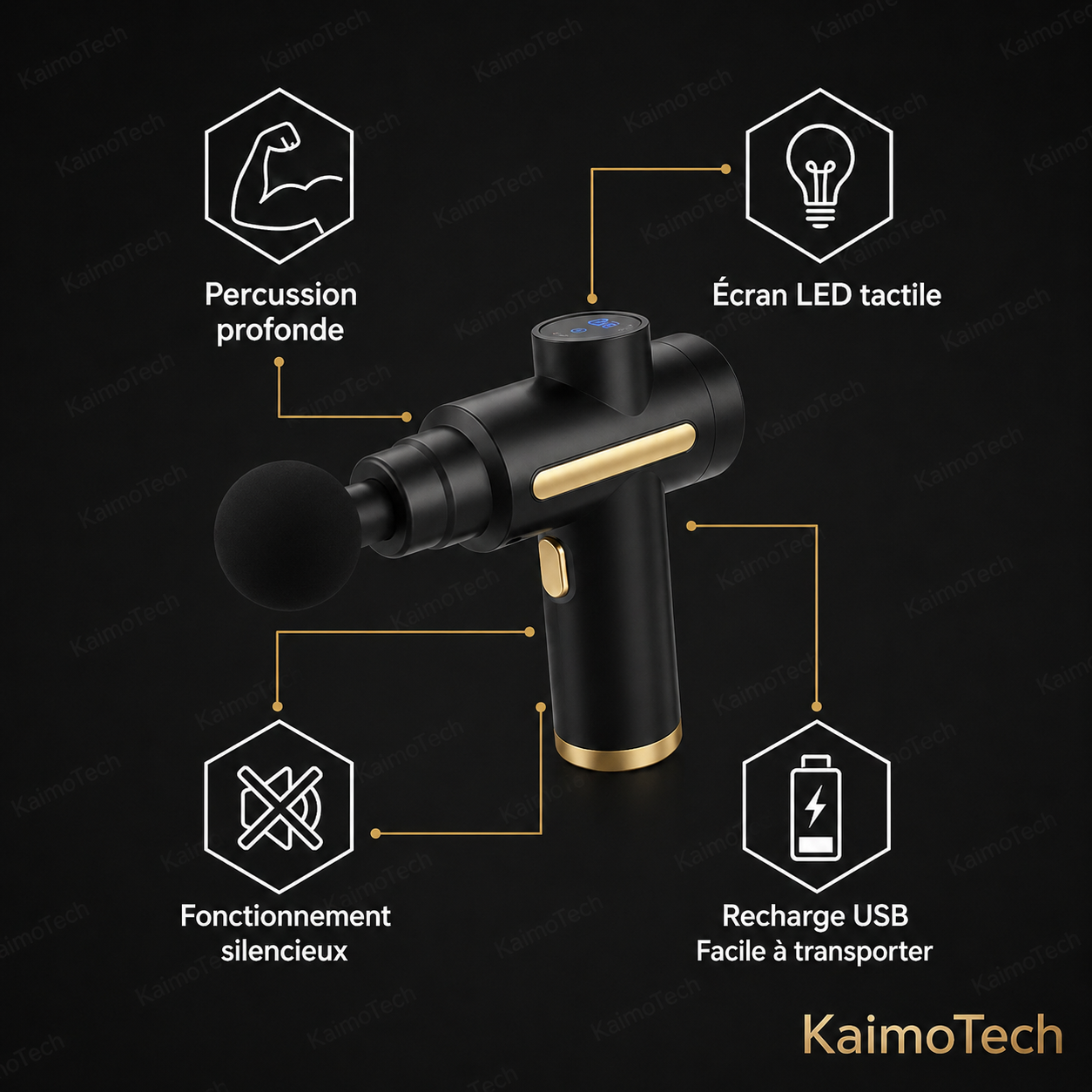 Pistolet de massage KaimoTech noir et doré – percussion profonde, écran LED tactile, fonctionnement silencieux, recharge USB, format compact facile à transporter