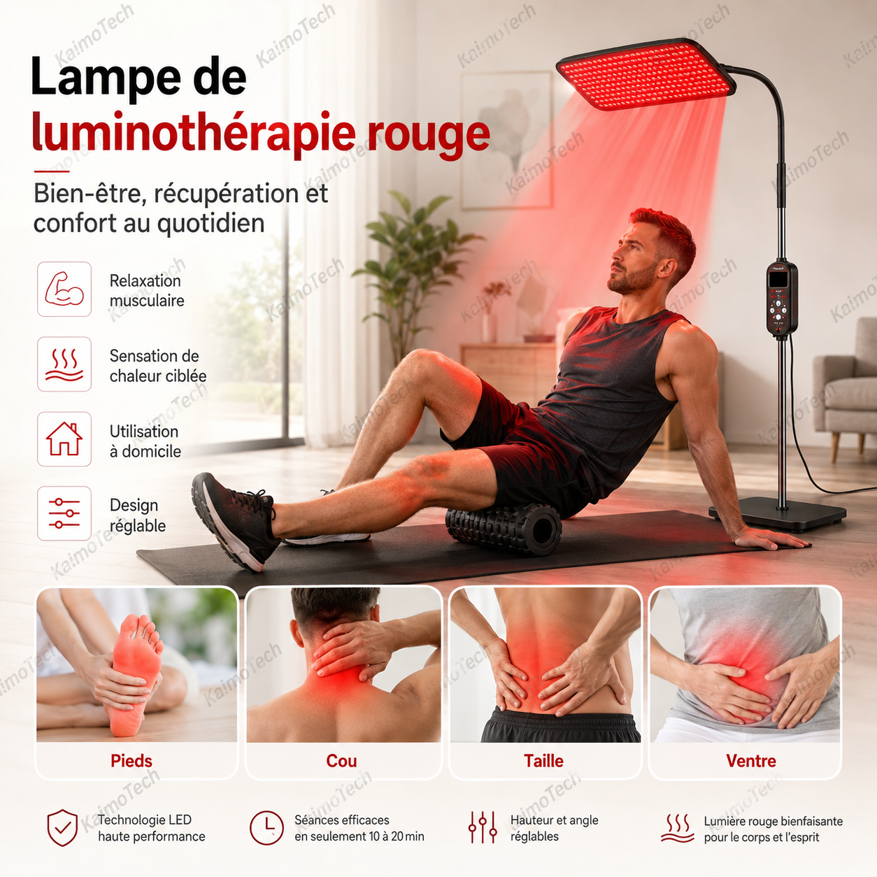 Lampe de luminothérapie rouge distribuée par KaimoTech, présentée pour la récupération après l’effort avec lumière ciblée sur les pieds, le cou, la taille et le ventre, design réglable et utilisation simple à domicile.