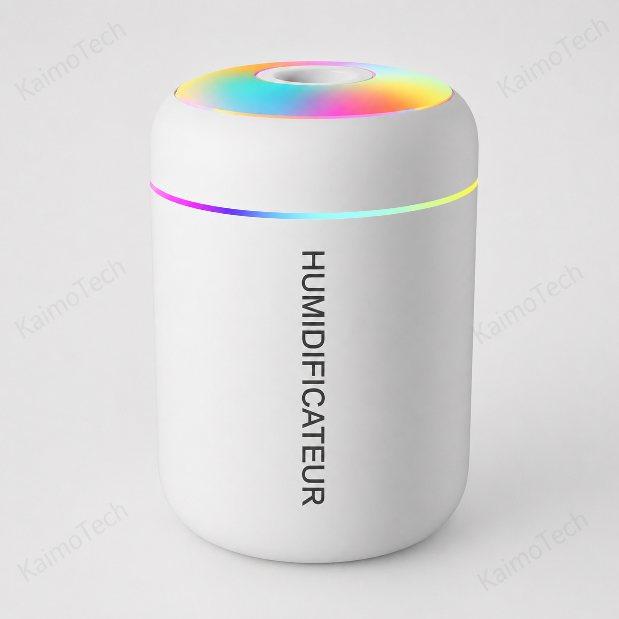 Mini humidificateur de bureau blanc distribué par KaimoTech avec éclairage LED multicolore, design compact et moderne, idéal pour humidifier l’air dans un bureau, une chambre ou un espace de travail.