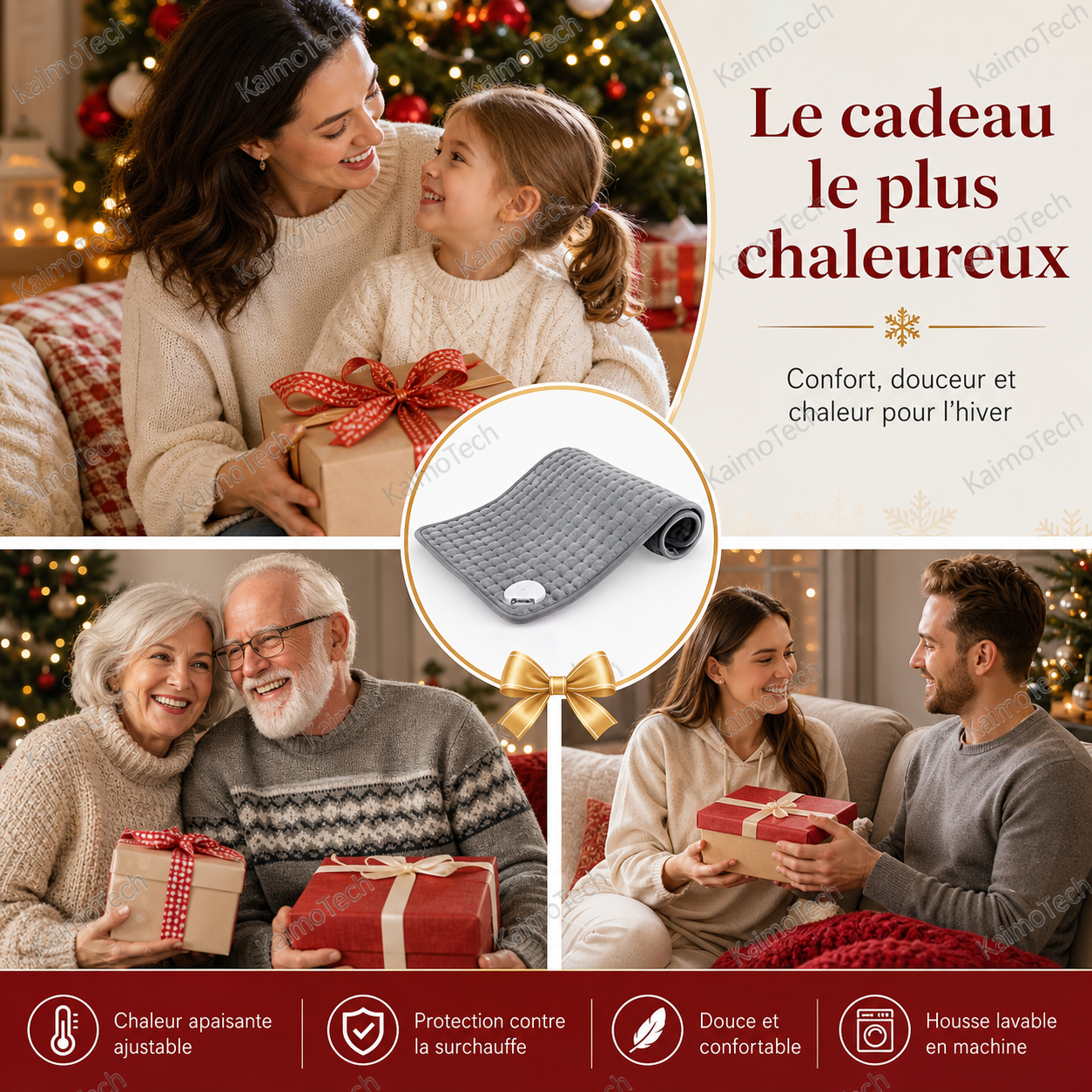 Coussin chauffant électrique KaimoTech — idée cadeau de Noël pour toute la famille : mère et enfant, couple de seniors, jeune couple — chaleur apaisante ajustable, protection surchauffe, doux et confortable, housse lavable en machine