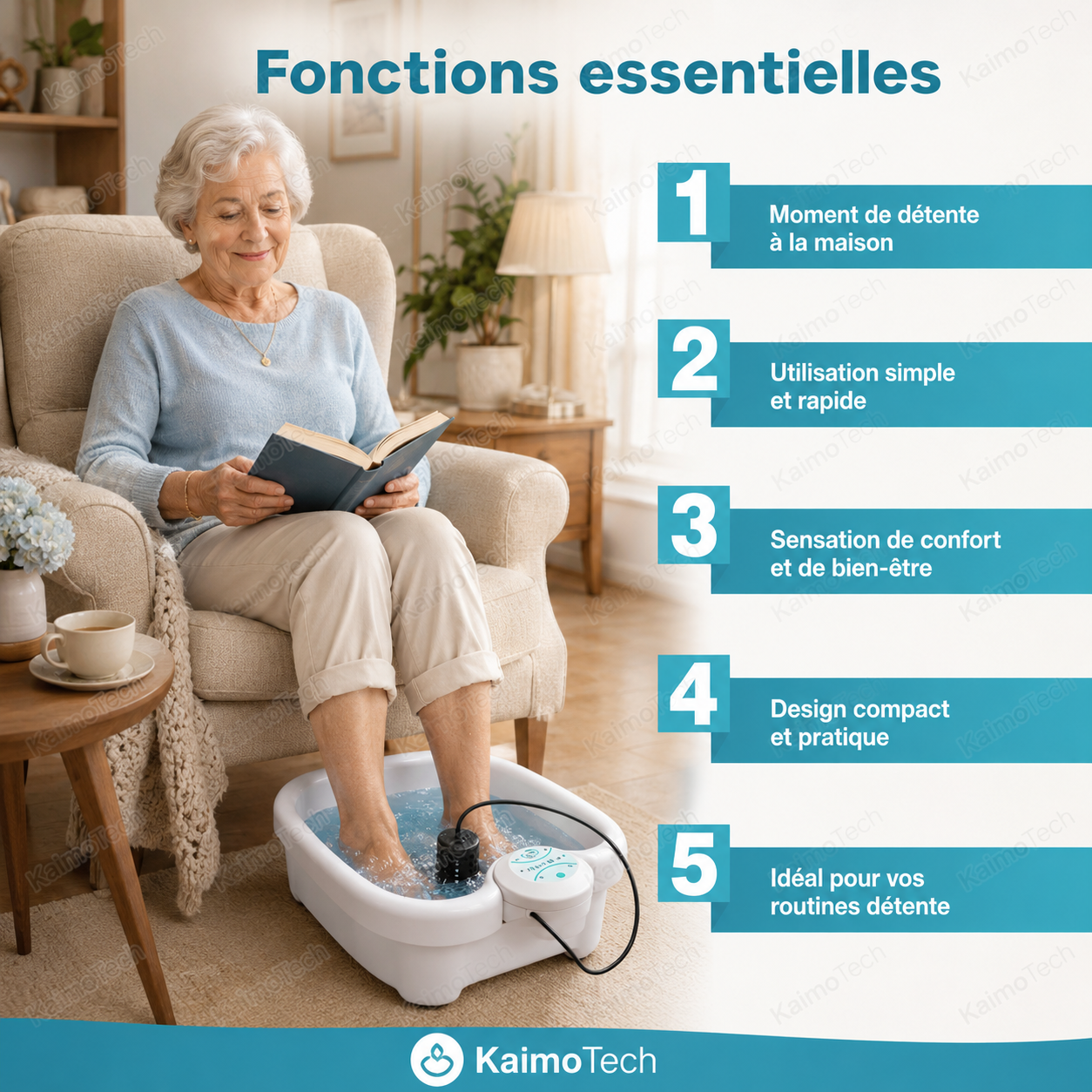 Fonctions essentielles du bain de pieds ionique KaimoTech utilisé à domicile par une personne âgée dans une ambiance cosy. Image présentant un foot spa compact avec utilisation simple, confort, design pratique et routine détente bien-être à la maison.