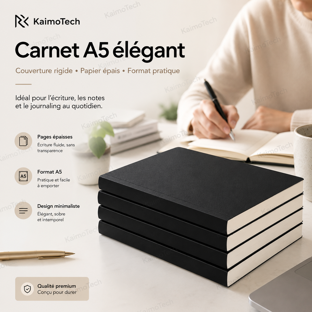 Carnet A5 KaimoTech élégant avec couverture rigide noire, papier épais sans transparence, format pratique à emporter, idéal pour l’écriture, les notes, le journaling, les études et l’organisation quotidienne