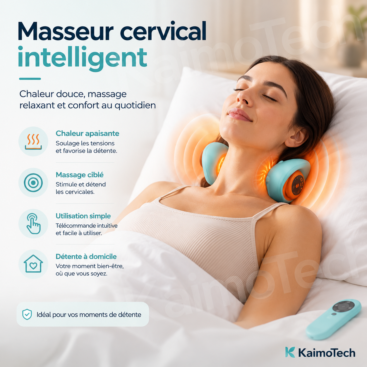 Masseur cervical intelligent KaimoTech utilisé à domicile avec chaleur apaisante, massage ciblé et télécommande intuitive, conçu pour offrir détente du cou et confort quotidien.