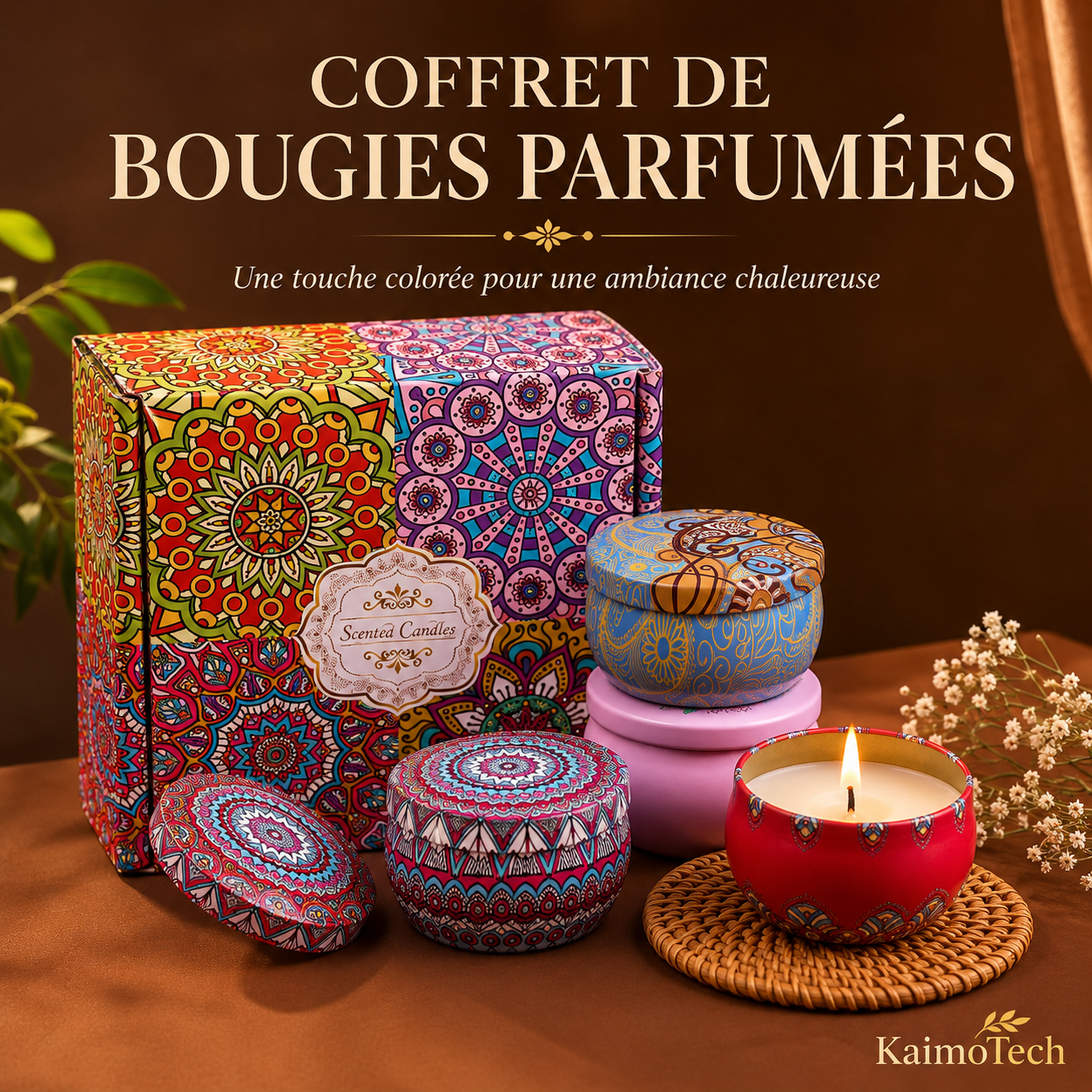 Coffret cadeau de bougies parfumées KaimoTech avec 4 bougies décoratives, motifs mandala colorés, cire naturelle de soja, bougie allumée, parfums envoûtants et ambiance cosy