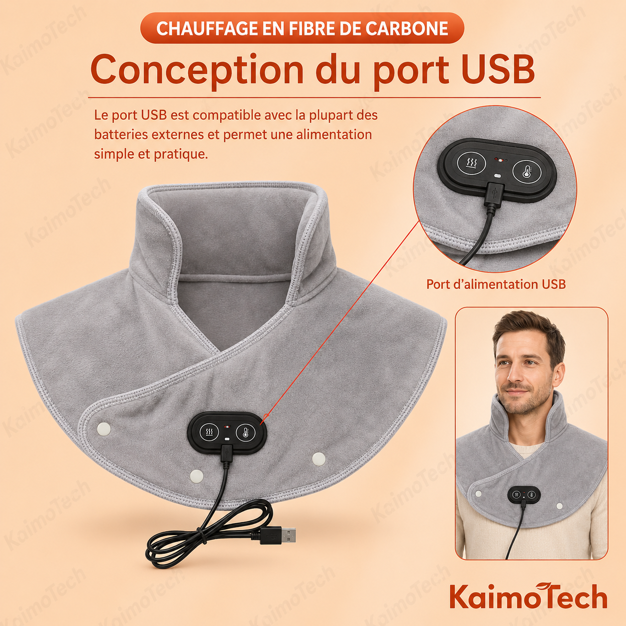 Coussin chauffant KaimoTech avec connexion USB universelle, port d’alimentation et exemple porté par un homme