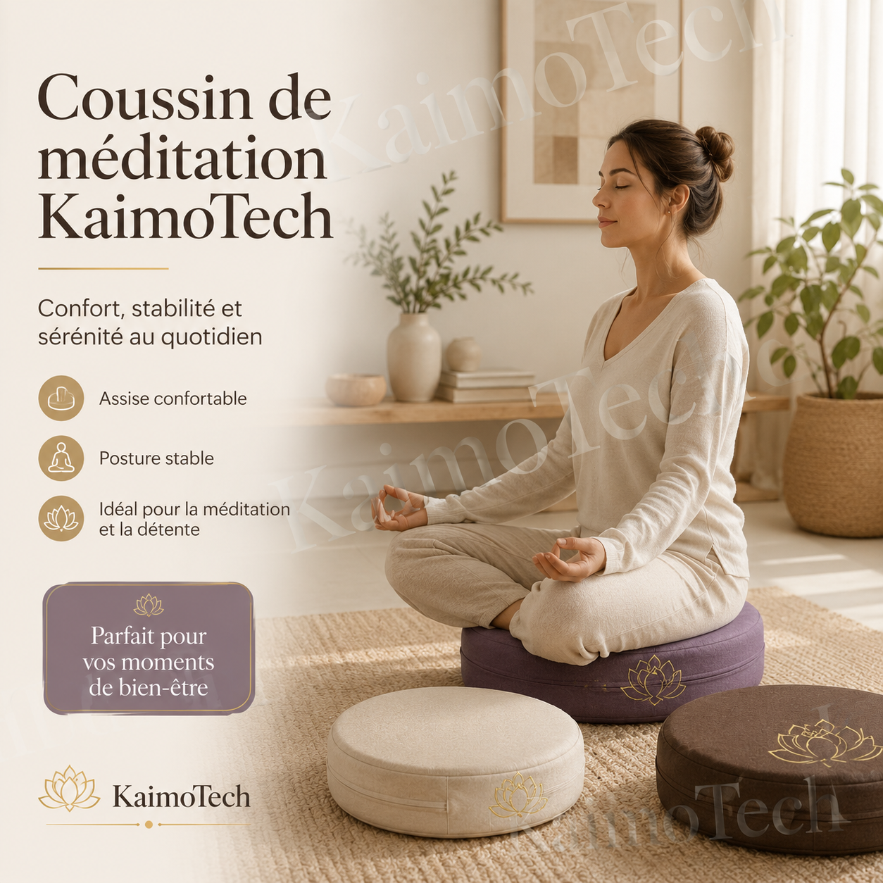 Coussin de méditation KaimoTech avec motif lotus, présenté dans un intérieur zen avec plusieurs coloris disponibles, idéal pour une assise confortable, une posture stable et des moments de détente au quotidien.