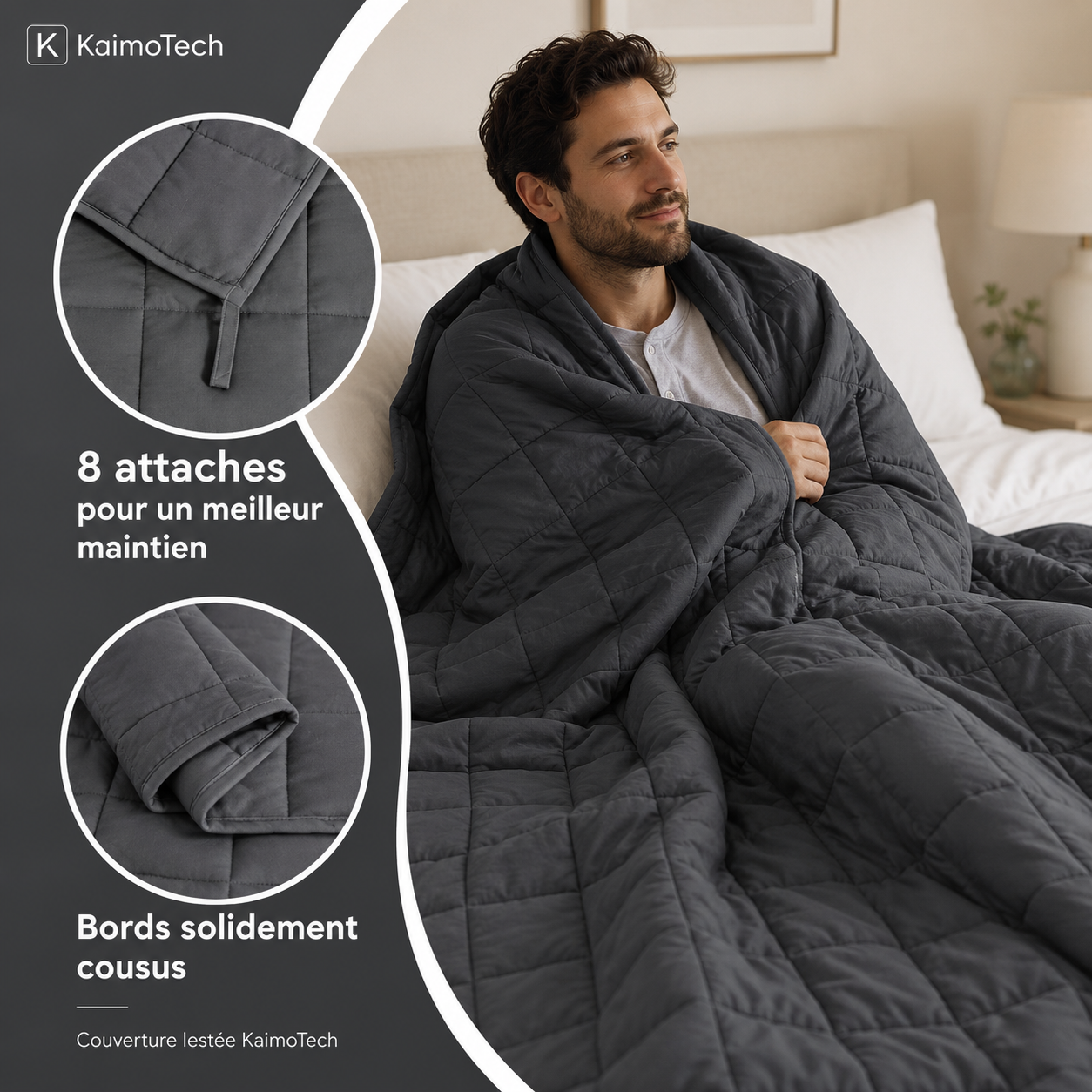 Couverture lestée grise KaimoTech utilisée au lit par une femme, conçue pour favoriser la détente, réduire le stress et apporter un confort apaisant pendant le sommeil