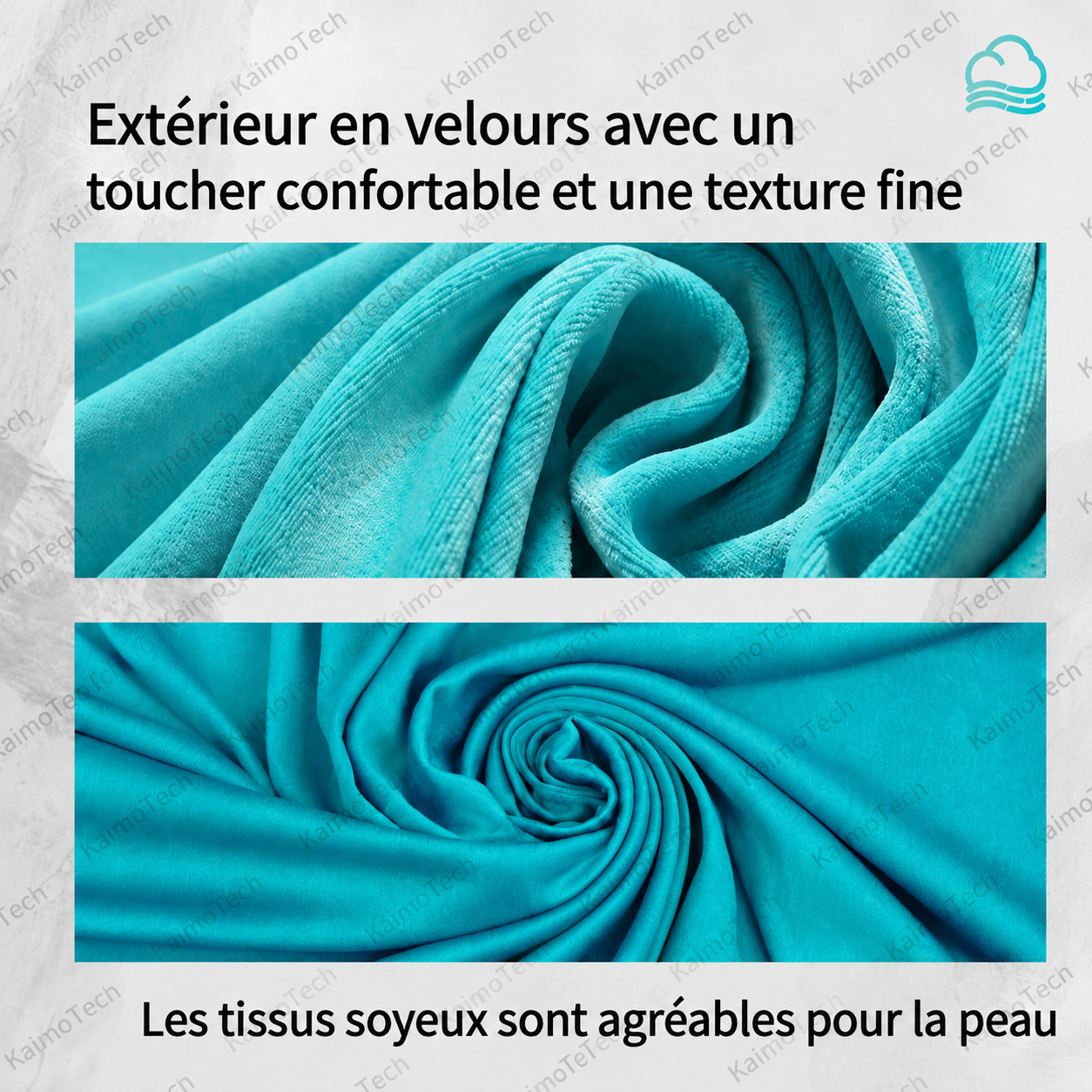 Détail du tissu en velours bleu ciel du masque de sommeil Bluetooth DreamMask Pro KaimoTech, avec texture douce, toucher confortable et matière agréable pour la peau.