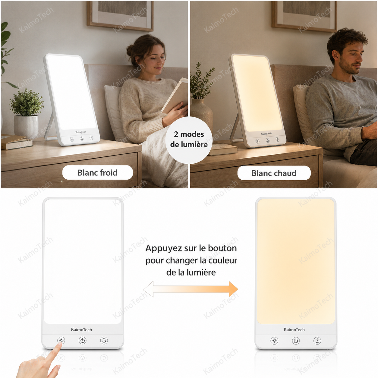 Lampe de luminothérapie KaimoTech avec 2 modes de lumière, blanc froid et blanc chaud, réglage tactile simple, design compact et éclairage adapté au bien-être, à la lecture, au réveil et aux moments de détente