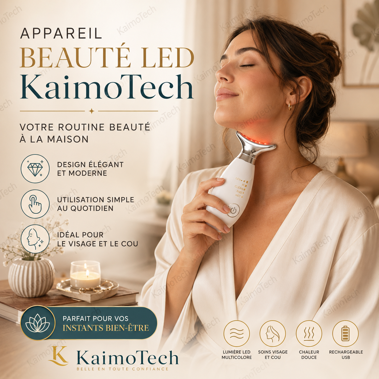 Appareil beauté LED KaimoTech pour le visage et le cou, utilisé par une femme dans une routine bien-être à domicile. Visuel premium présentant un soin LED multicolore, un design élégant, une utilisation simple au quotidien et un appareil rechargeable USB pour le visage et le cou.