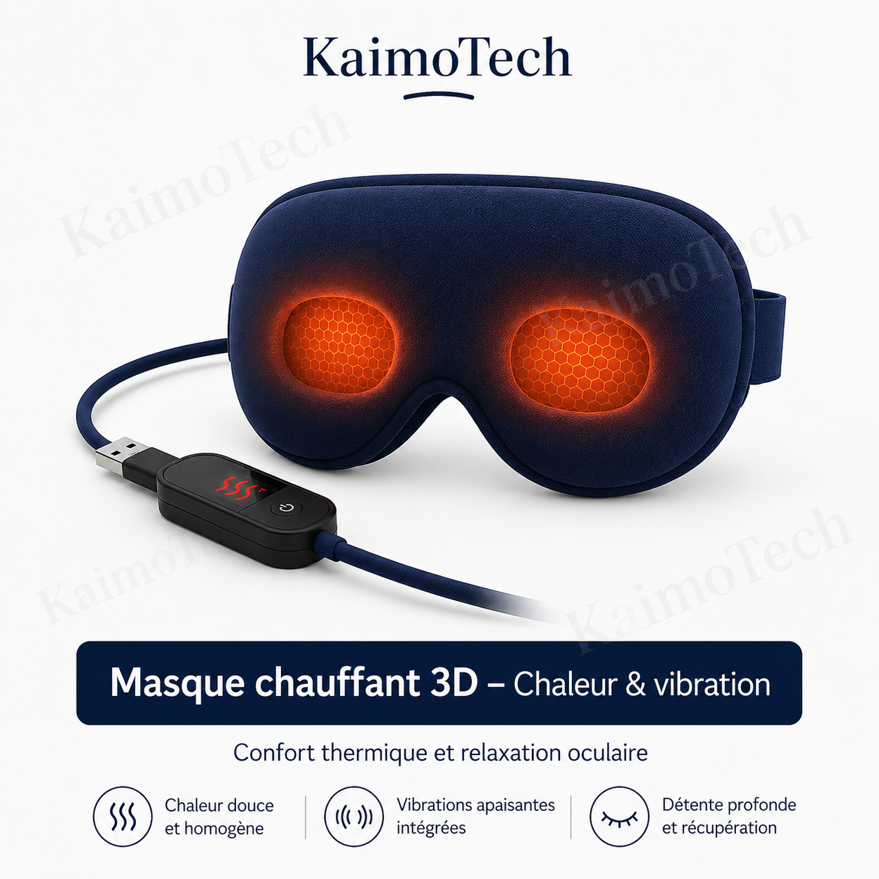 Masque chauffant 3D KaimoTech avec chaleur douce, vibrations apaisantes intégrées et confort thermique pour la détente oculaire.
