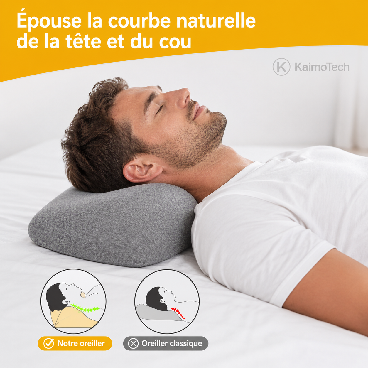 Oreiller cervical ergonomique KaimoTech en mousse à mémoire de forme, utilisé par un homme allongé sur le dos, conçu pour soutenir la nuque, accompagner la courbe naturelle de la tête et du cou, favoriser l’alignement cervical et offrir plus de confort qu’un oreiller classique
