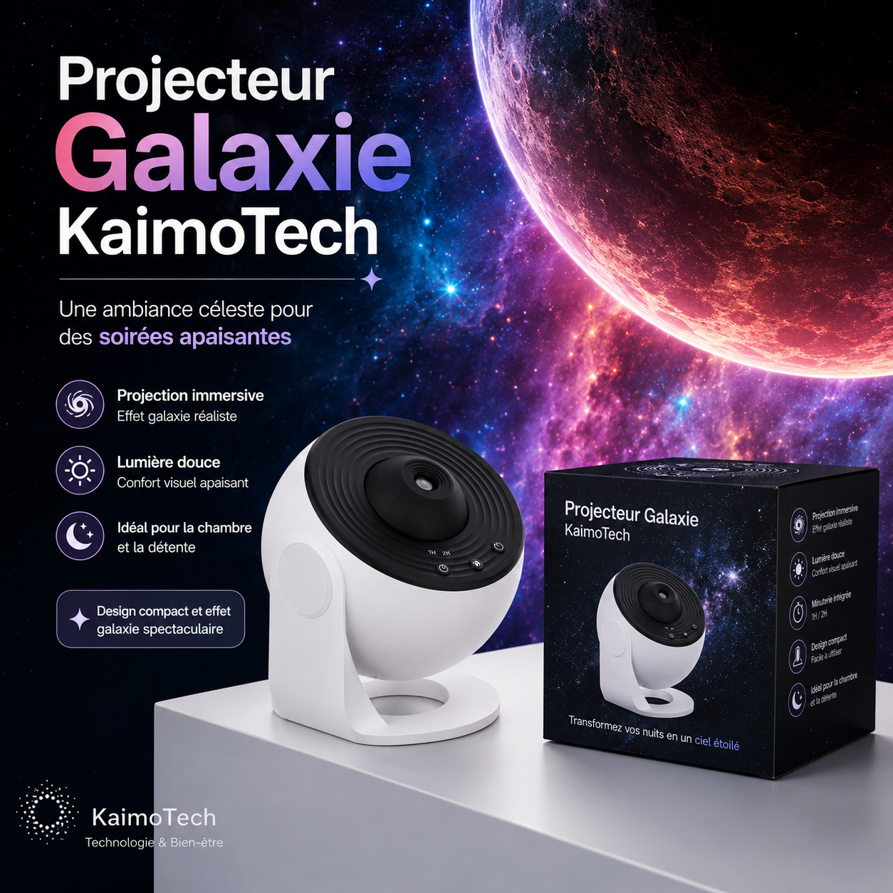 Projecteur galaxie KaimoTech avec effet ciel étoilé, projection immersive, lumière douce relaxante et design compact, idéal pour chambre, détente, soirées apaisantes et ambiance céleste à la maison.