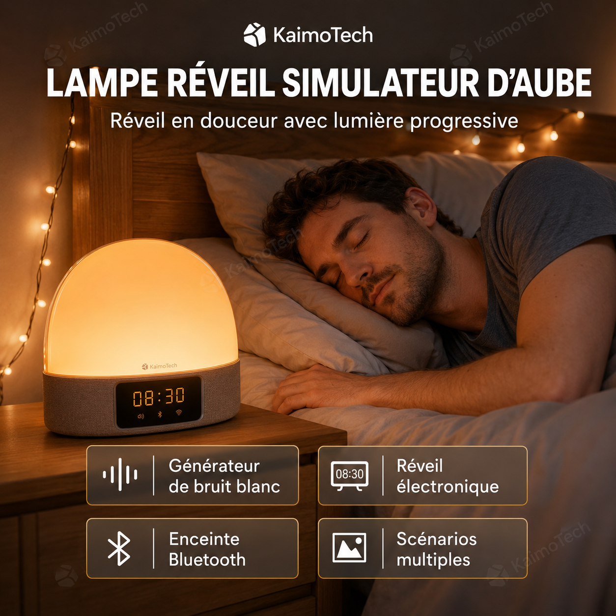 Lampe réveil simulateur d’aube KaimoTech avec lumière progressive, générateur de bruit blanc, enceinte Bluetooth, réveil électronique et scénarios lumineux multiples, posée sur table de chevet dans une chambre chaleureuse pour un réveil en douceur.