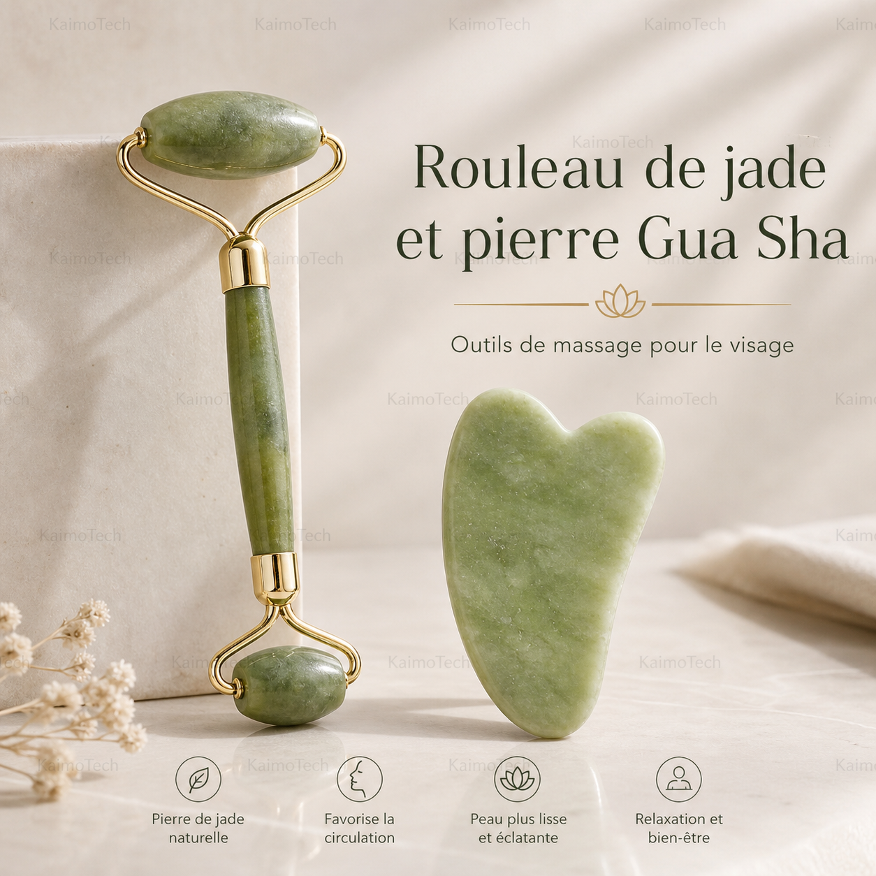 Rouleau de jade et pierre Gua Sha pour le visage, présentés dans un style élégant et naturel. Outils de massage conçus pour une routine beauté quotidienne, aidant à favoriser la circulation, lisser l’apparence de la peau et offrir un moment de relaxation et de bien-être.