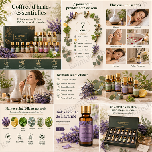 Coffret de 15 huiles essentielles distribué par KaimoTech, avec huiles 100 % pures et naturelles, rituel bien-être sur 7 jours, usages multiples en diffusion, sommeil, soin de la peau, bain relaxant, massage et parfum d’ambiance.