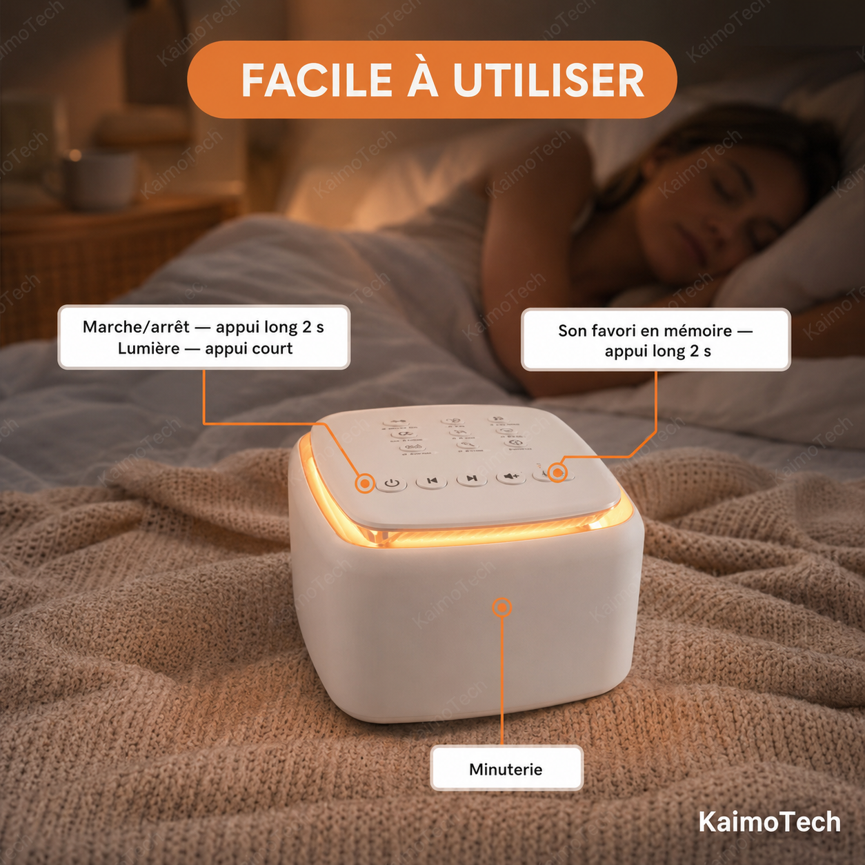 Machine à bruit blanc SleepSound KaimoTech avec commandes tactiles simples, veilleuse douce, minuterie intégrée et mémorisation du son favori pour créer une ambiance apaisante avant le sommeil