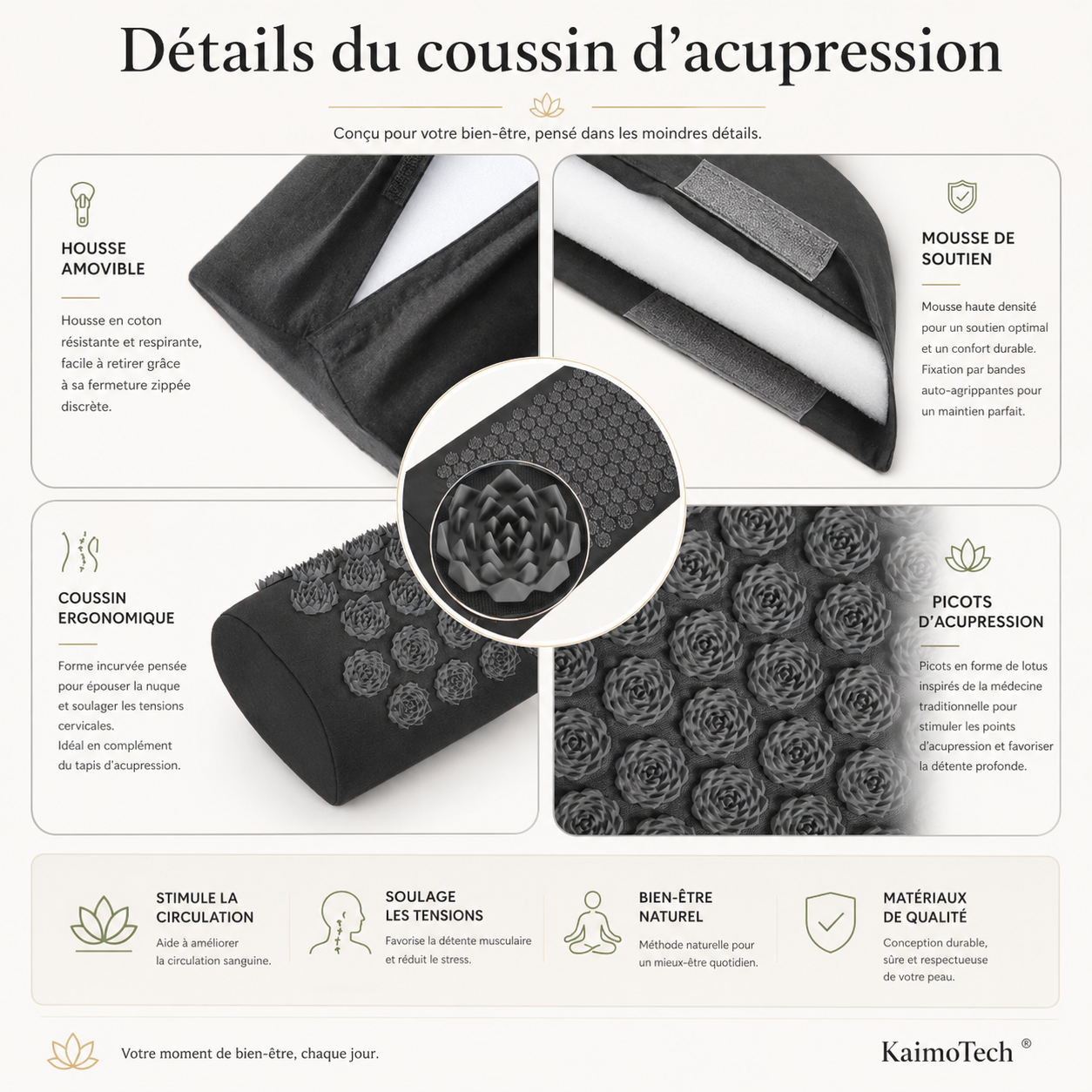 Détails du coussin d’acupression KaimoTech avec housse amovible, mousse de soutien, forme ergonomique et picots d’acupression, conçu pour favoriser la détente et le confort au quotidien.