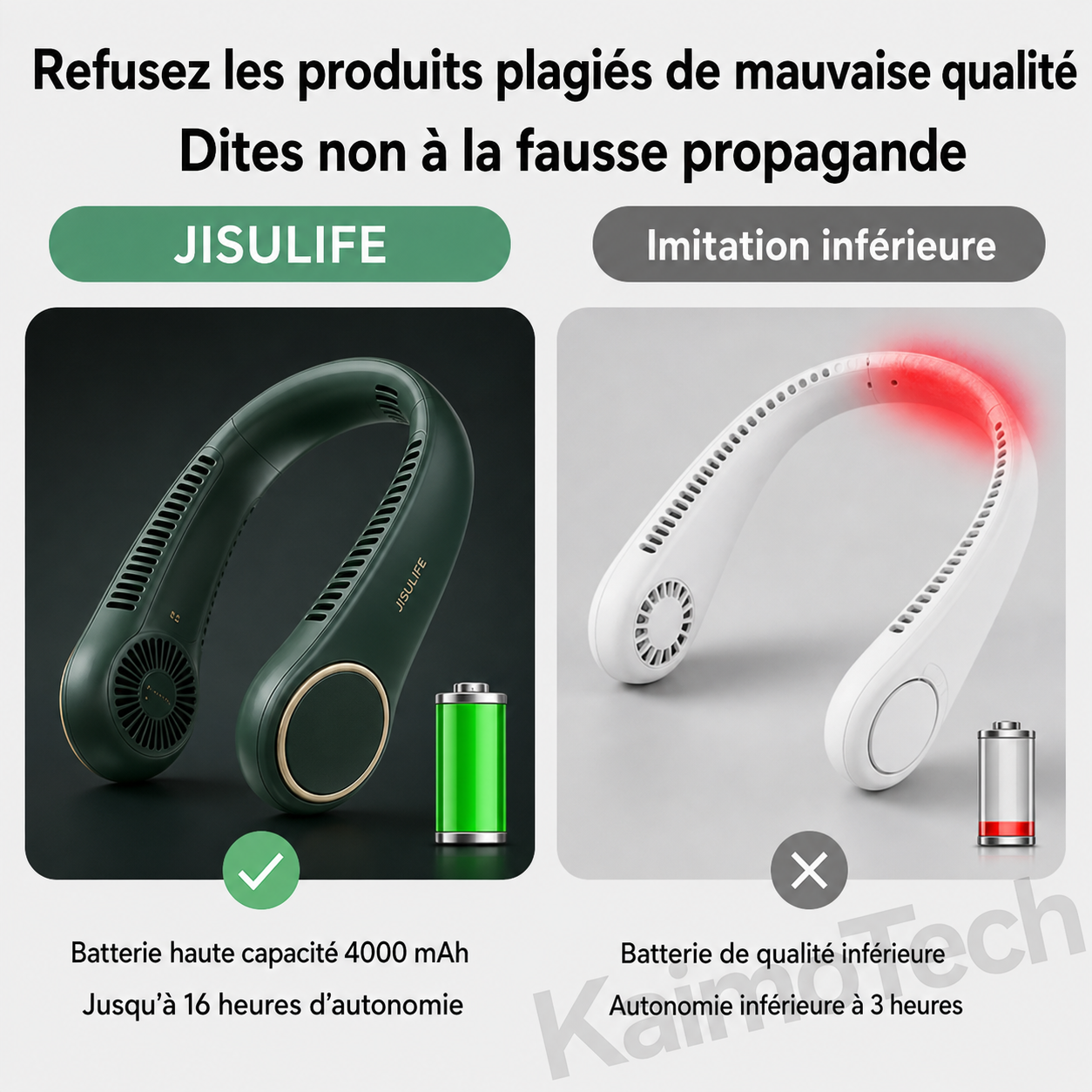 Comparatif de ventilateurs de cou portables distribués par KaimoTech, mettant en avant un modèle avec batterie haute capacité 4000 mAh et jusqu’à 16 heures d’autonomie face à une imitation inférieure à faible autonomie.