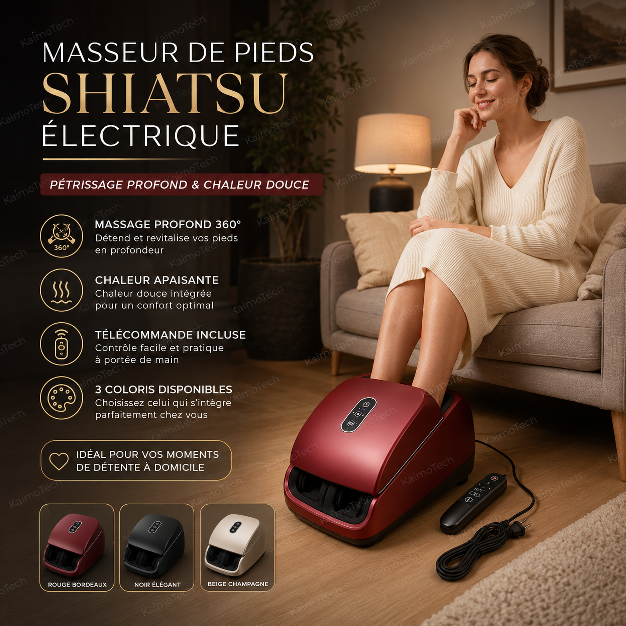 Masseur de pieds shiatsu électrique KaimoTech rouge bordeaux avec chaleur douce, télécommande incluse et massage profond 360°, présenté dans un salon chaleureux pour un moment de détente à domicile.