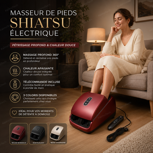 Masseur de pieds shiatsu électrique KaimoTech rouge bordeaux avec chaleur douce, télécommande incluse et massage profond 360°, présenté dans un salon chaleureux pour un moment de détente à domicile.