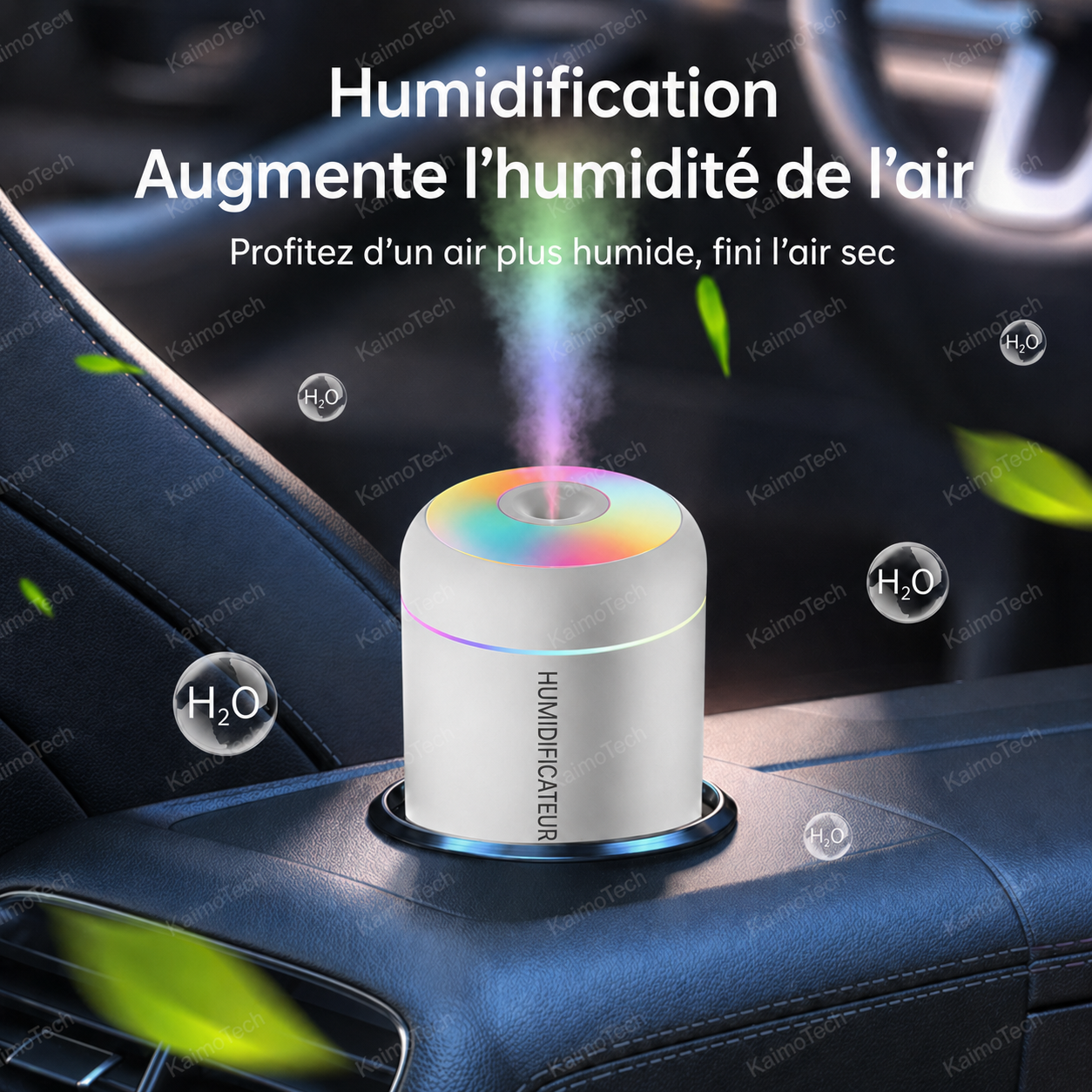 Mini humidificateur distribué par KaimoTech avec brume fine et éclairage LED multicolore, conçu pour augmenter l’humidité de l’air et réduire la sensation d’air sec à la maison, au bureau ou en voiture.