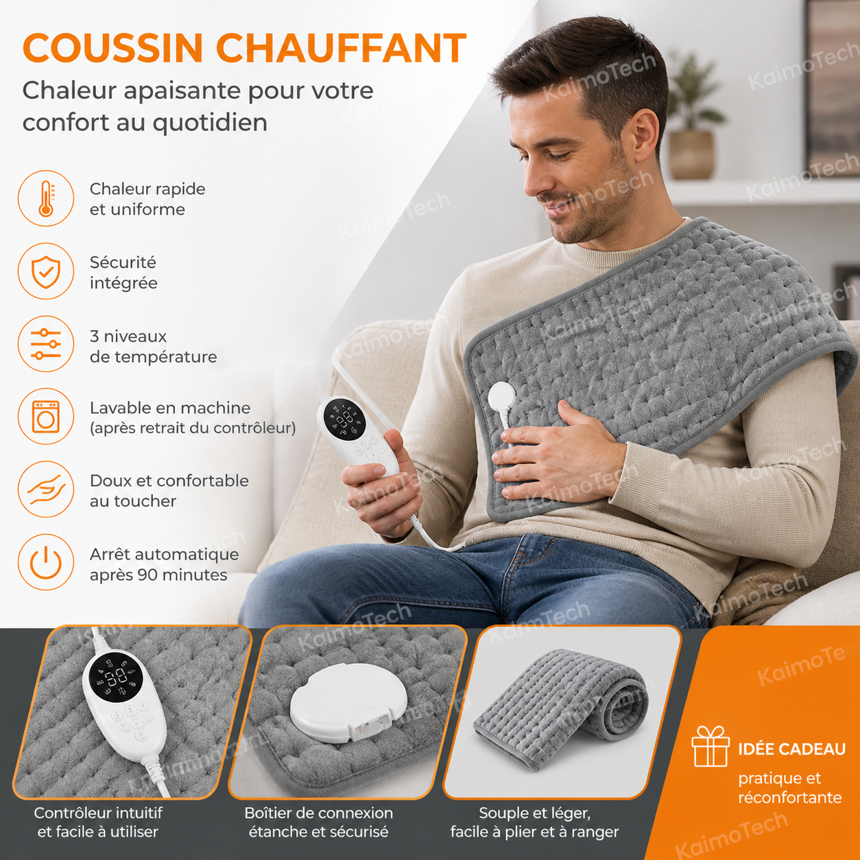 Coussin chauffant électrique KaimoTech — homme tenant le coussin sur les épaules, 6 caractéristiques : chaleur rapide et uniforme, sécurité intégrée, 3 niveaux de température, lavable en machine, doux au toucher, arrêt automatique 90 min — contrôleur intuitif, boîtier étanche, souple et léger