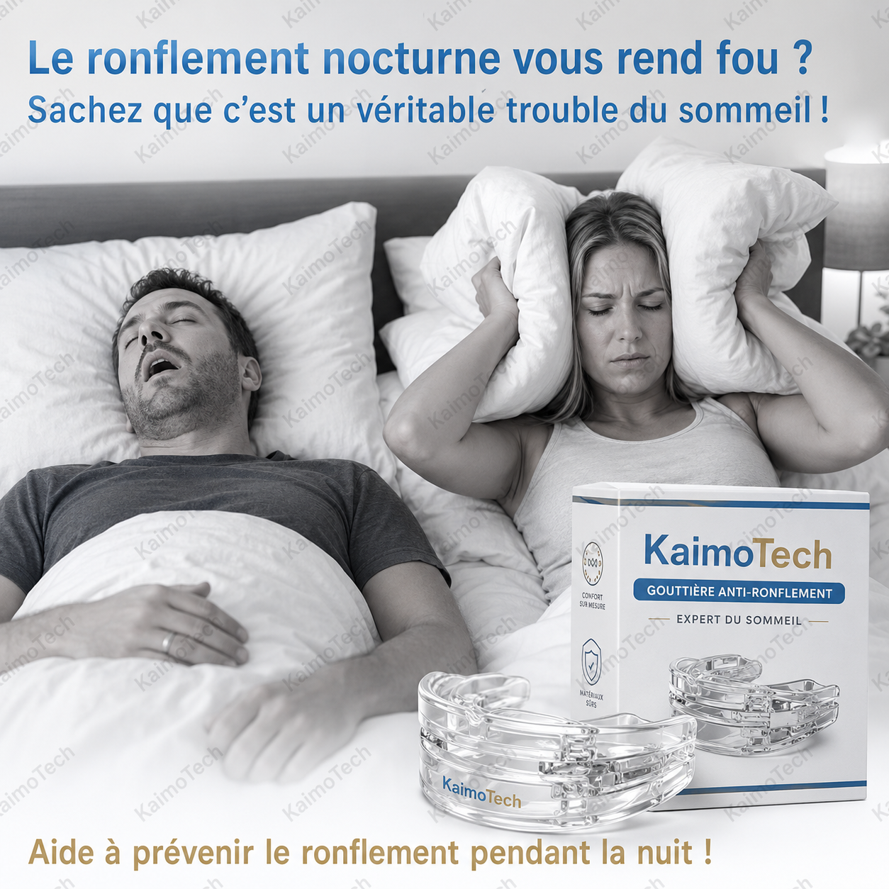 Gouttière anti-ronflement KaimoTech avec boîte de rangement et visuel de sommeil perturbé, conçue pour aider à réduire le ronflement nocturne, favoriser des nuits plus paisibles et améliorer le confort du partenaire.
