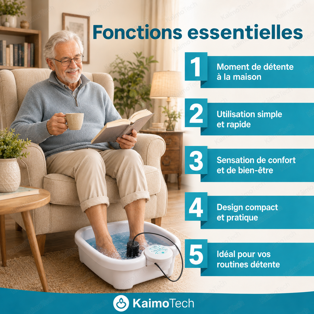 Bain de pieds ionique KaimoTech utilisé par un homme senior dans un intérieur cosy à domicile. Image présentant les fonctions essentielles du Foot Spa : moment de détente à la maison, utilisation simple et rapide, sensation de confort, design compact et routine bien-être.
