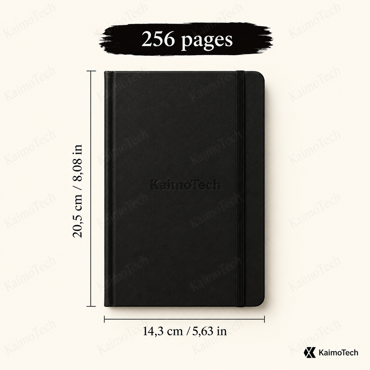 Carnet A5 KaimoTech noir avec couverture rigide, fermeture élastique, 256 pages épaisses et dimensions 20,5 x 14,3 cm, idéal pour les notes, le journaling, l’organisation quotidienne, les études et le travail