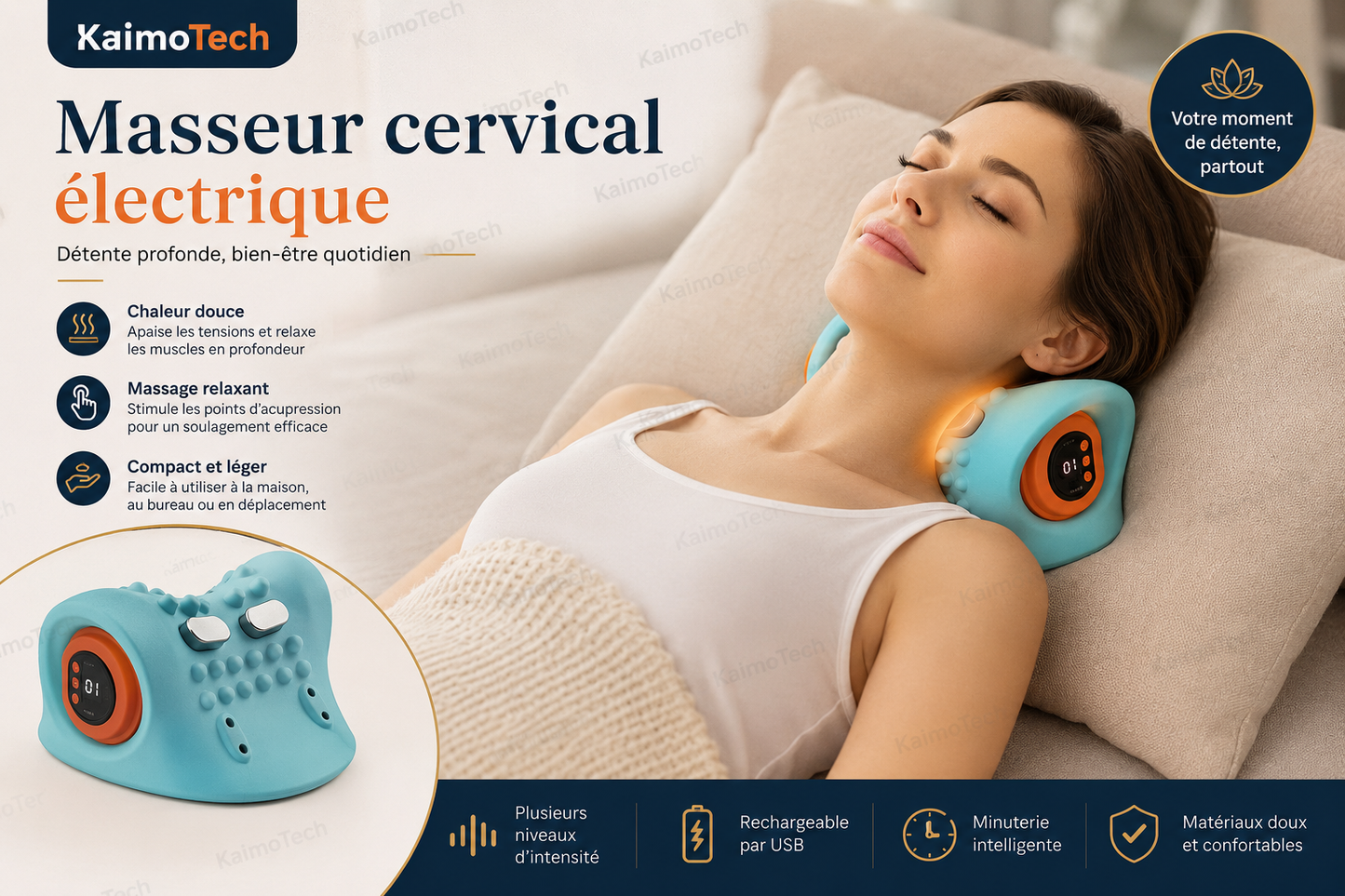 Masseur cervical électrique KaimoTech avec chaleur douce, massage relaxant, plusieurs niveaux d’intensité, recharge USB et minuterie intelligente, présenté en situation de détente à domicile.