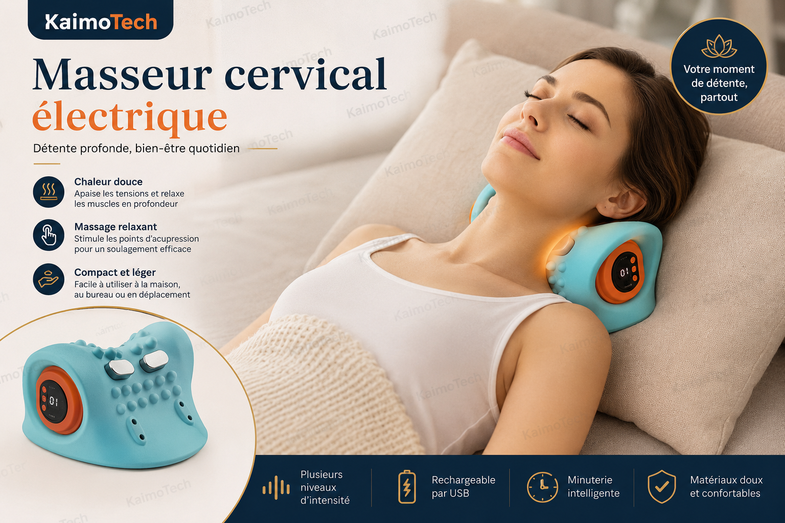 Masseur cervical électrique KaimoTech avec chaleur douce, massage relaxant, plusieurs niveaux d’intensité, recharge USB et minuterie intelligente, présenté en situation de détente à domicile.
