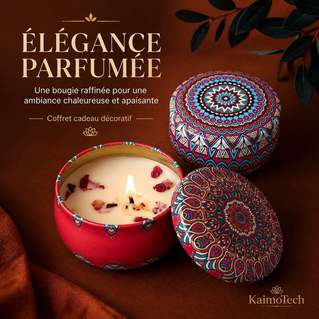Bougie parfumée décorative KaimoTech avec cire naturelle de soja, pot rouge, motifs mandala colorés, pétales séchés, coffret cadeau et ambiance chaleureuse apaisante