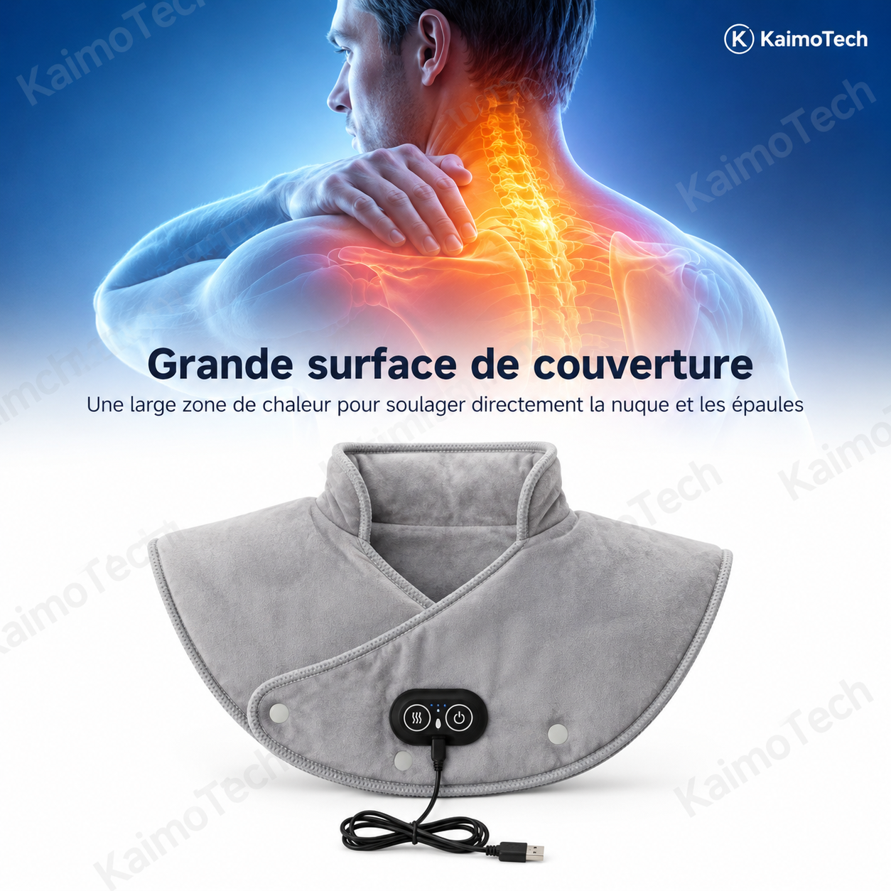 Coussin chauffant KaimoTech pour la nuque et les épaules avec chaleur couvrante et illustration des tensions cervicales