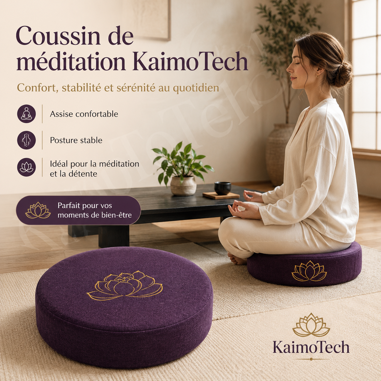 Coussin de méditation KaimoTech violet avec motif lotus doré, présenté dans un espace zen pour offrir une assise confortable, une posture stable et un moment de détente au quotidien.