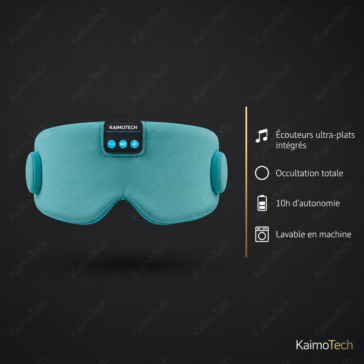 Masque de sommeil Bluetooth DreamMask Pro KaimoTech bleu ciel avec écouteurs ultra-plats intégrés, occultation totale, autonomie jusqu’à 10 h et housse lavable en machine.