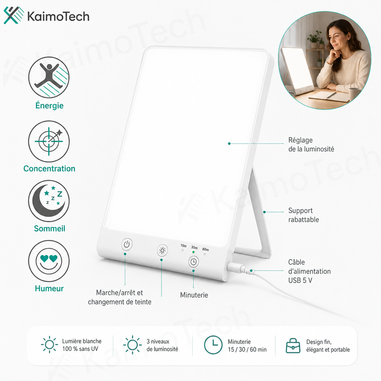 Lampe de luminothérapie KaimoTech avec lumière blanche 10 000 lux sans UV, 3 niveaux de luminosité, minuterie intégrée 15/30/60 min, support rabattable, câble d’alimentation USB 5 V et design fin pour le bien-être, l’énergie, la concentration, le sommeil et l’humeur