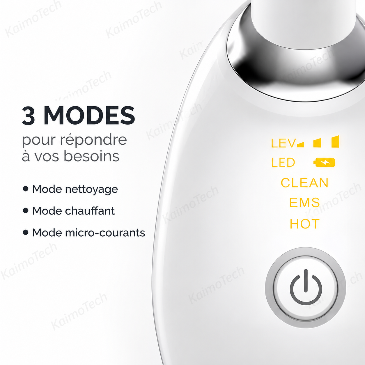 Appareil LED KaimoTech pour visage et cou présentant 3 modes d’utilisation : nettoyage, chauffage et micro-courants. Gros plan du dispositif beauté avec bouton marche, interface LED et design blanc élégant pour une routine soin à domicile.