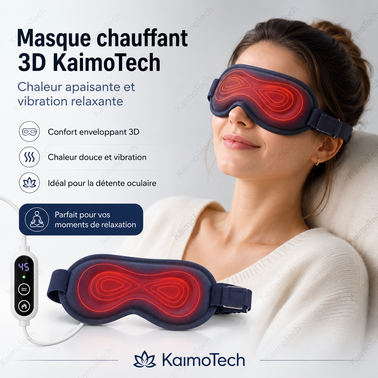 Masque chauffant 3D KaimoTech avec chaleur apaisante, vibration relaxante et confort enveloppant pour la détente oculaire.