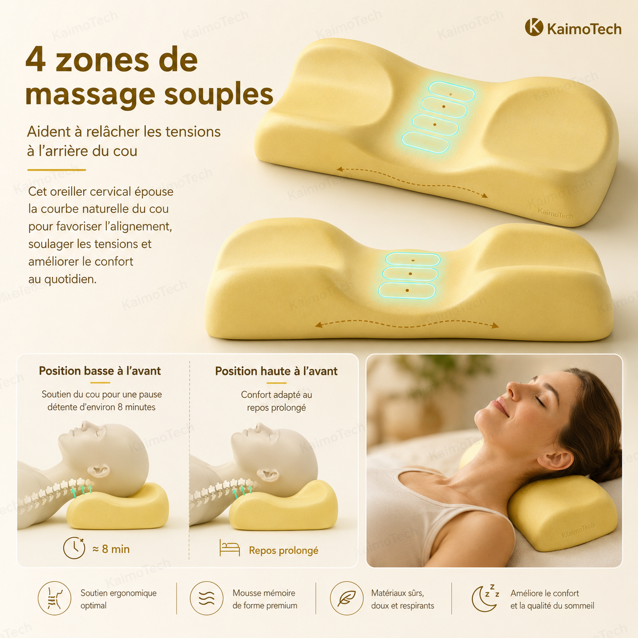 Oreiller cervical ergonomique KaimoTech en mousse à mémoire de forme, avec 4 zones de massage souples pour aider à relâcher les tensions à l’arrière du cou, soutenir la nuque et les cervicales, favoriser l’alignement naturel du cou et améliorer le confort pendant les moments de détente ou de repos prolongé