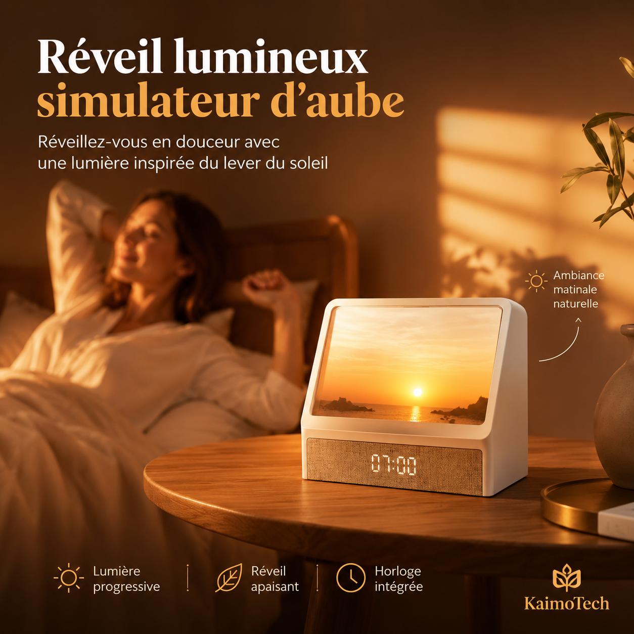 Réveil lumineux simulateur d’aube KaimoTech avec lumière progressive, réveil apaisant et horloge intégrée, posé sur une table de chevet dans une chambre chaleureuse pour accompagner l’endormissement et le réveil en douceur.