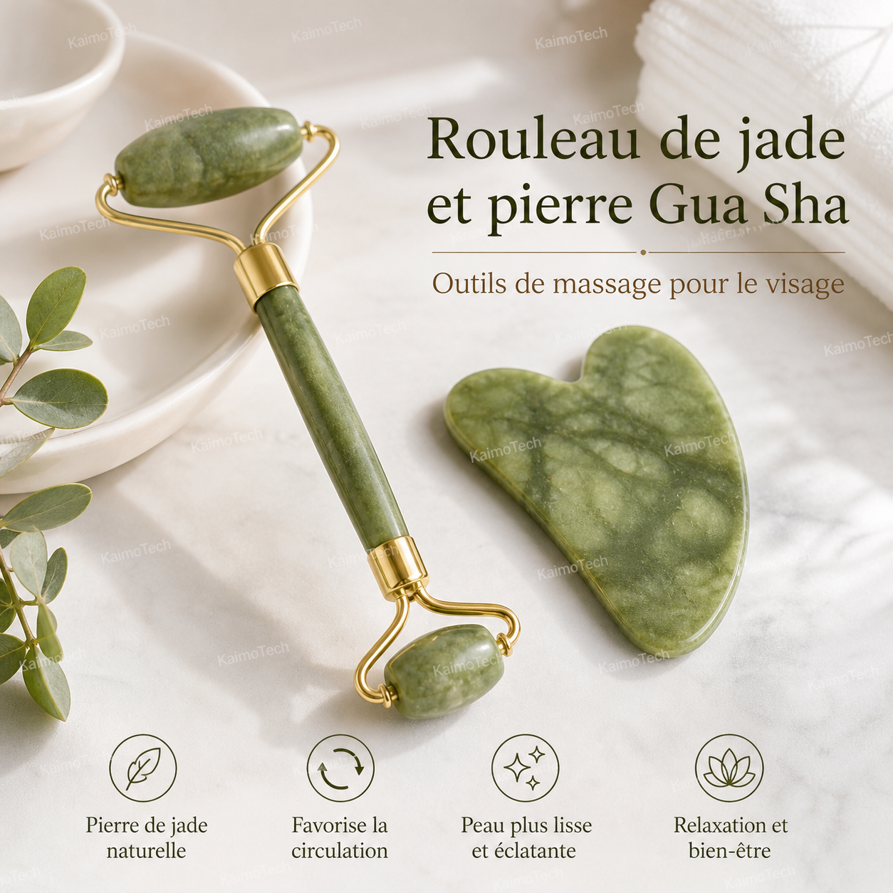 Rouleau de jade et pierre Gua Sha pour le visage, présentés sur un fond naturel et élégant. Outils de massage conçus pour une routine beauté quotidienne, aidant à favoriser la circulation, lisser l’apparence de la peau et offrir un moment de relaxation et de bien-être.