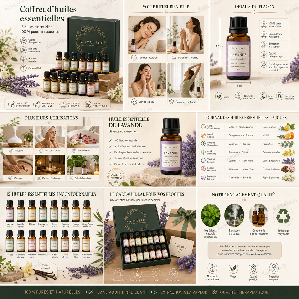 Coffret de 15 huiles essentielles distribué par KaimoTech, avec huiles 100 % pures et naturelles, flacon de lavande détaillé, rituel bien-être sur 7 jours, usages multiples, ingrédients naturels et engagements qualité comme vegan, sans OGM et non testé sur les animaux.