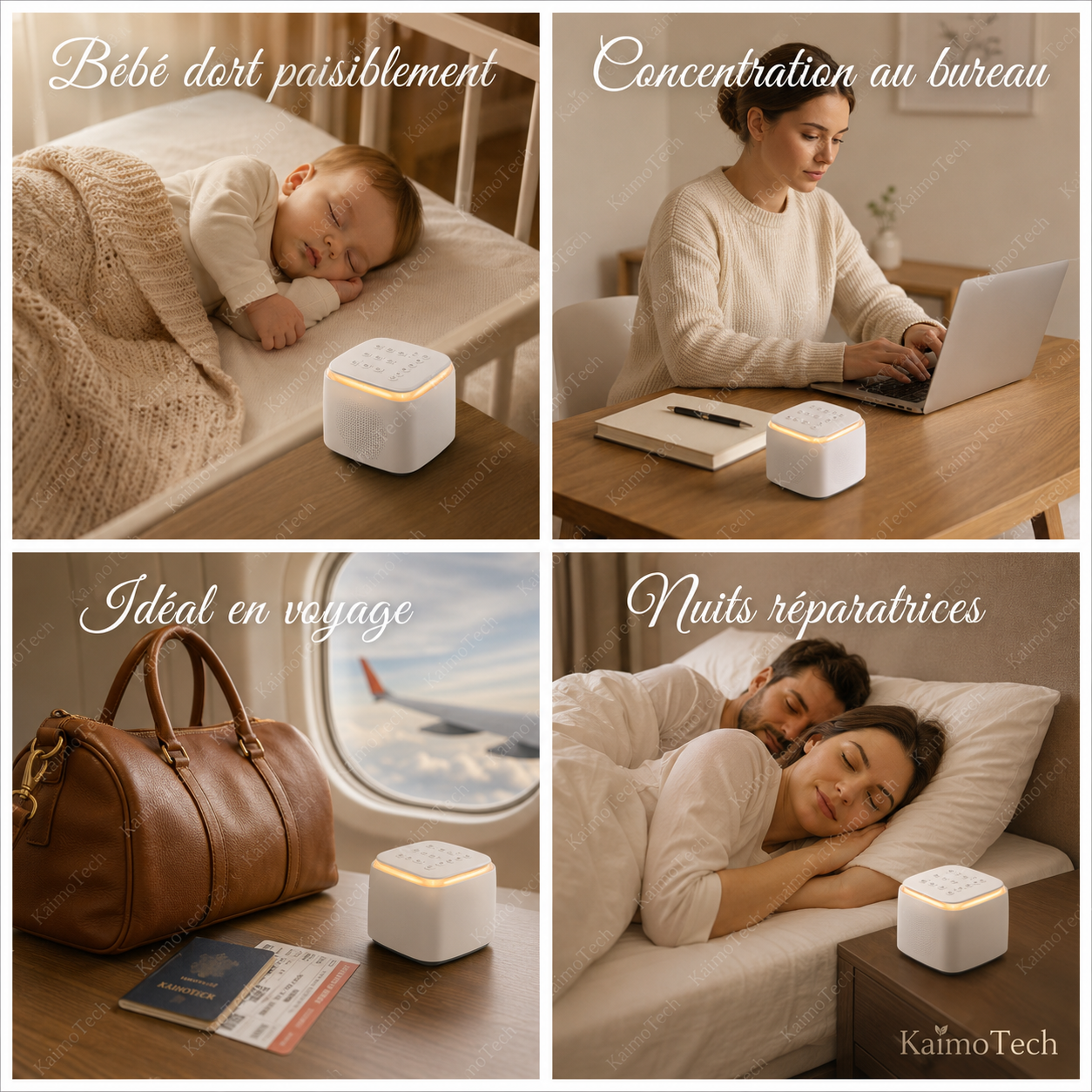 Machine à bruit blanc SleepSound KaimoTech avec veilleuse douce et sons apaisants, idéale pour créer une ambiance calme dans une chambre de bébé, au bureau, en voyage ou pendant la nuit