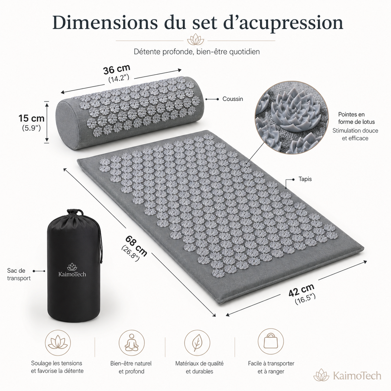 Dimensions du set d’acupression KaimoTech avec tapis, coussin et sac de transport, incluant picots en forme de lotus, matériaux durables et format facile à transporter.